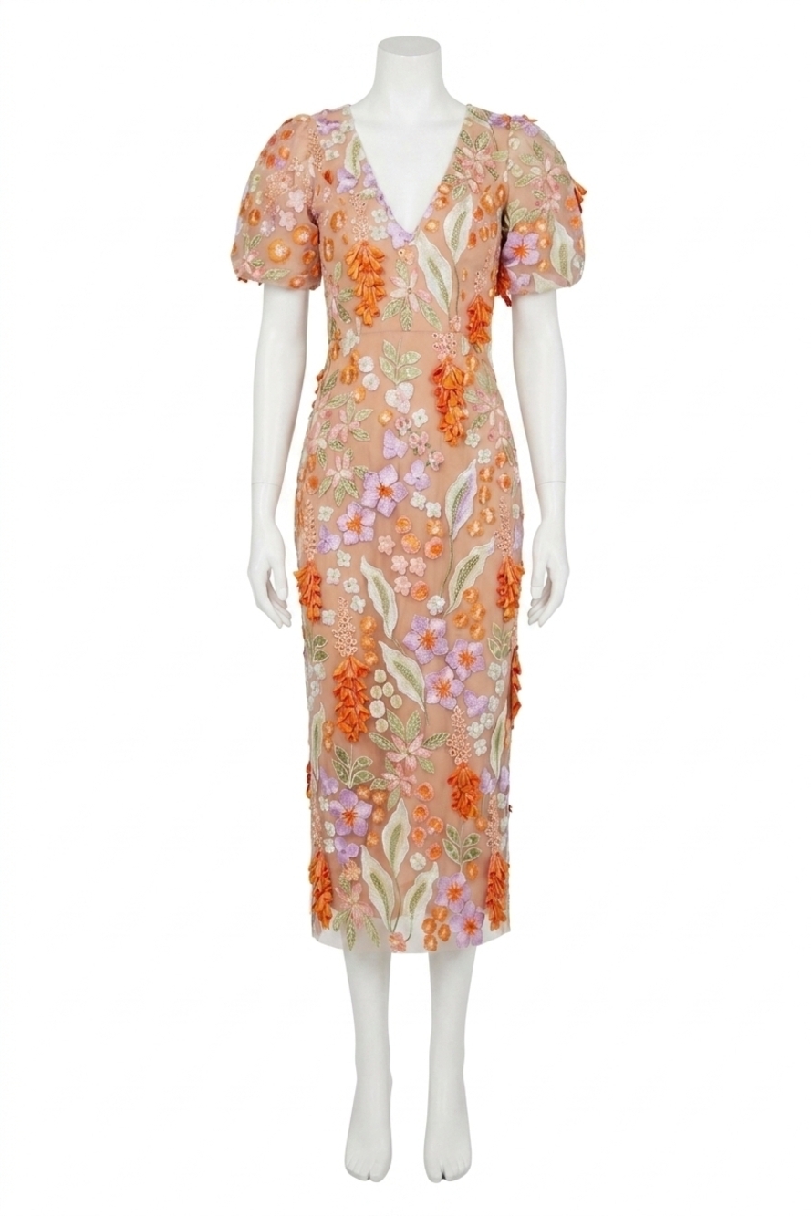 NEW ELLIATT remix midi dress in beige multi